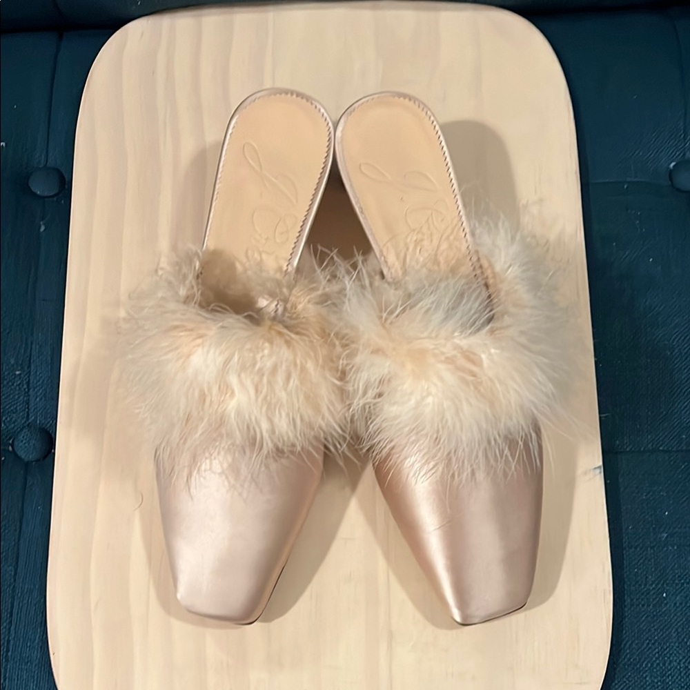Elegant Pale Pink Feather-Trimmed J.Crew Collection Silk Satin Mules slides
